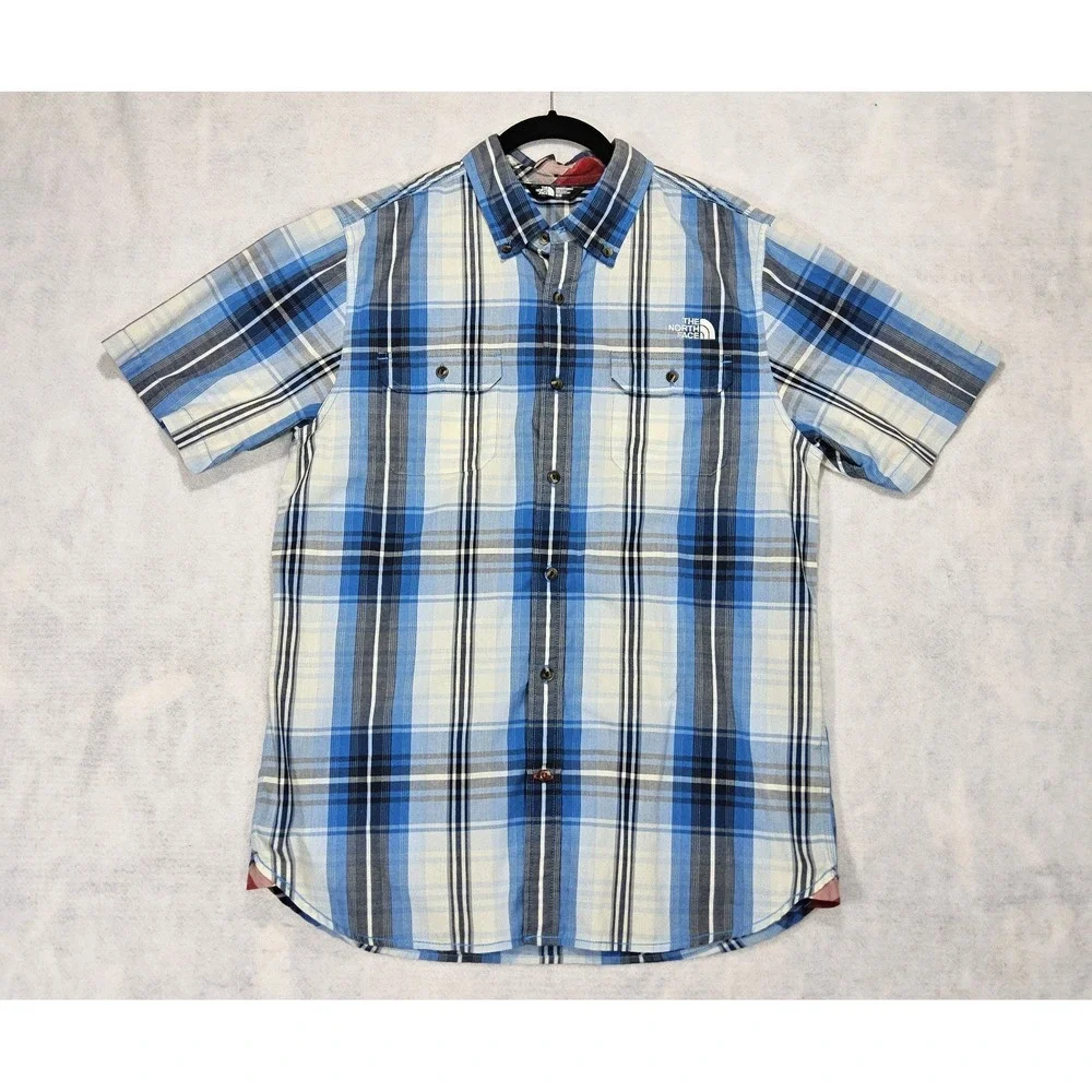 North Face Shirt Mens M Short‎ Sleeve Delridge Plaid Blue Button Up White Pocket